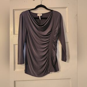 Laundry, Shelli Segal Blouse Gray Green Ruched Cowl Sz M Stretch EUC Date Night
